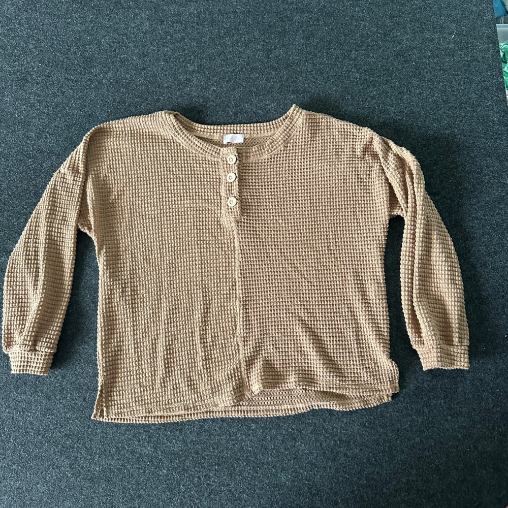 Pink Lily Waffle Knit Henley Top Womens Medium Brown Long Sleeve Thermal Shirt